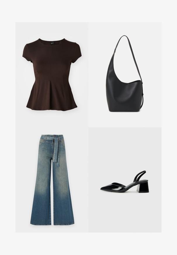 Haut brown à manches courtes avec un col rond, présentant un ourlet évasé et une texture de tissu lisse, conçu pour une silhouette ajustée.; Pantalons en denim à jambe large présentant un dégradé de bleu clair à bleu foncé, taille haute, passants de ceinture et une ceinture en tissu assortie. Finition en denim texturé.; Escarpins en cuir verni noir avec bout pointu et talon bloc géométrique. Présente un design élégant et minimaliste ainsi qu'une texture lisse.; Sac hobo en cuir noir avec une texture lisse, une forme incurvée et une seule sangle réglable ; dispose d'une large ouverture en haut.