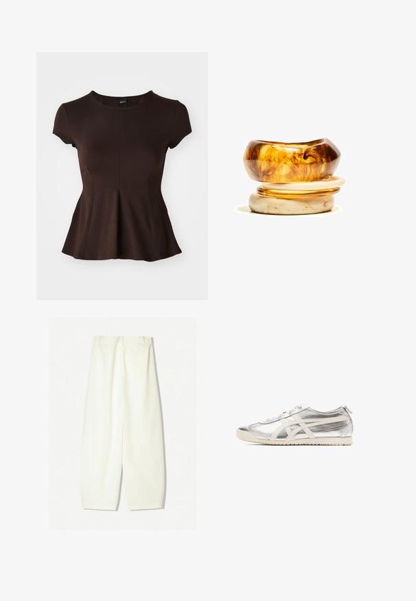 Brown short-sleeve top with a round neckline, featuring a flared hem and smooth fabric texture, designed for a fitted silhouette.; Wide-leg trousers in a soft cream fabric, featuring a smooth texture, front pockets, and a relaxed fit with a mid-rise waistband.; Silver athletic shoe with shiny metallic upper, light beige accents, flat laces, and textured sole. Classic design with streamlined shape.; A stack of two rings; the top is amber with swirls, and the bottom is light beige; both are smooth and glossy resin.