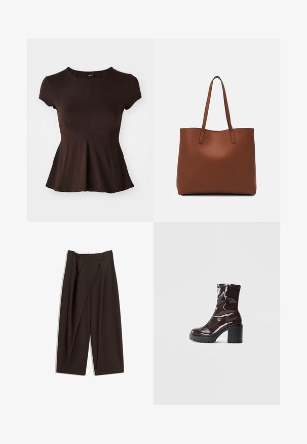Braunes Kurzarmoberteil mit rundem Halsausschnitt, mit schwingendem Saum und glatter Stoffstruktur, entworfen für eine taillierte Silhouette.; Dunkelbraune, weite Hosen mit hohem Bund, die über einen einzigen Knopfverschluss und eine gefaltete Vorderseite verfügen. Hergestellt aus leichtem Stoff.; Glatte bordeauxrote Ankle Boots mit einem klobigen schwarzen Absatz, die eine glatte Oberfläche und ein einfaches Design aufweisen. Keine sichtbaren Verschlüsse oder Muster.; Braune Leder-Tote mit glatter Textur, offenem Oberteil und zwei Schulterriemen. Verfügt über minimale Nähte und keine sichtbaren Beschläge.