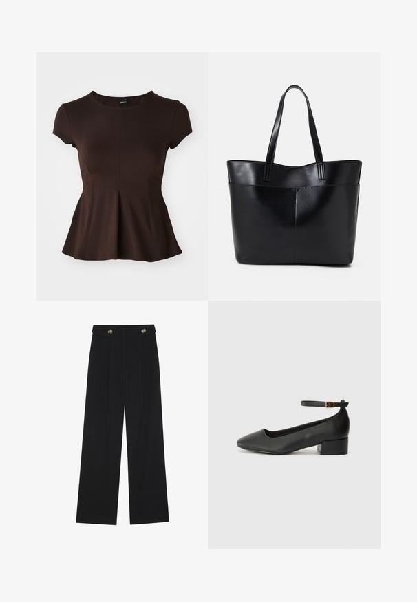 Brun kortermet topp med rund hals, med en utsvungen kant og glatt tekstur, designet for en tettsittende silhuett.; Svart vide bukser med høy midje, knappdetaljer på midjebåndet og frontplisser.; Sorte skinnpumper med spiss tå og lav blokkhelt. Har ankelrem med gullfarget spenne. Glatt tekstur.; Svart lær toteveske med to lange håndtak, en glatt tekstur og en strukturert form. Har en frontlomme for ekstra oppbevaring.