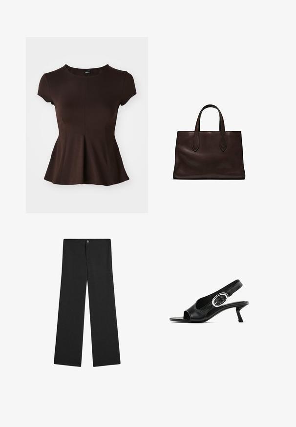 Top corto marrone a maniche corte con scollatura rotonda, caratterizzato da un orlo svasato e una texture di tessuto liscia, progettato per una silhouette aderente.; Pantaloni a gamba larga neri realizzati in tessuto leggero, dotati di chiusura a bottone, senza motivi visibili e con una texture liscia e uniforme.; Scarpa slingback in pelle nera con punta aperta, dotata di una particolare fibbia ovale argento sulla cinghia e un tacco a rocchetto sottile. Texture liscia.; Borsa a spalla in pelle marrone con due manici lunghi, forma rettangolare strutturata, texture liscia e dettagli di cucitura sottili.