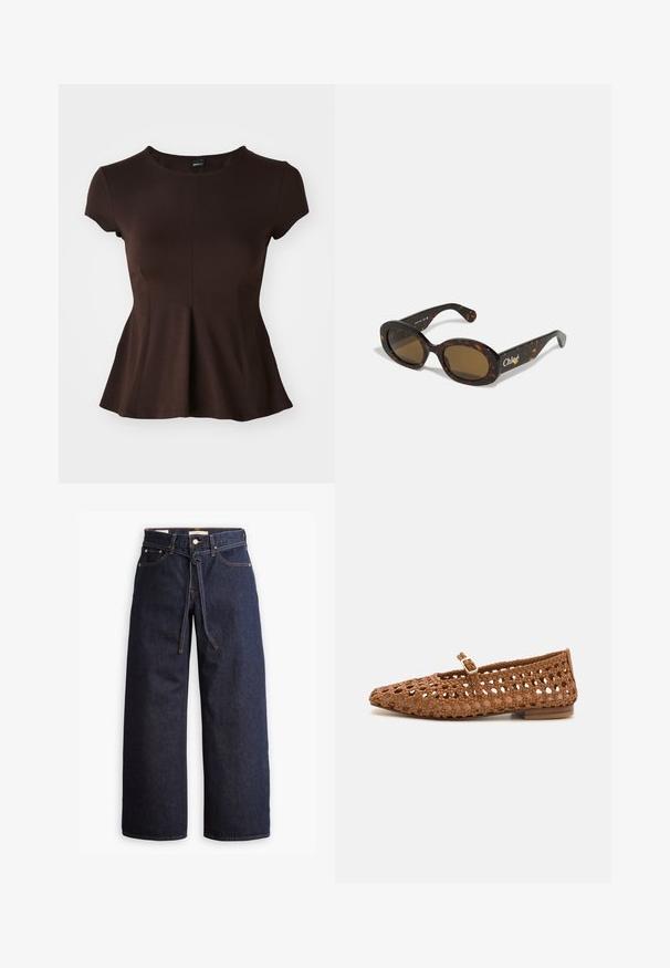 Top corto marrone a maniche corte con scollatura rotonda, caratterizzato da un orlo svasato e una texture di tessuto liscia, progettato per una silhouette aderente.; Jeans in denim scuro a gamba larga con vita alta, dotati di un laccio, cinque tasche e dettagli di cucitura a contrasto.; Scarpa piatta intrecciata marrone con punta a punta e design con ritagli. Presenta una piccola fibbia e un tacco in legno basso.; Occhiali da sole in tartaruga con montatura ovale, lenti di colore marrone e marchio "Chloé" sulla stanghetta. Materiale plastico liscio con finitura lucida.; Borsa a mano in pelle intrecciata marrone con forma arrotondata, doppi manici superiori e texture liscia; presenta cuciture sottili come dettaglio di design.