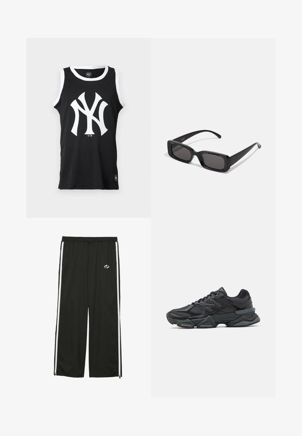 Čierny bezrukávový top s bielym logom a lemovaním. Vyrobený z priedušného materiálu, s okrúhlym výstrihom a rovným strihom.; Čierne športové nohavice z ľahkého materiálu, ktoré majú biele bočné prúžky, elastický pás a malé logo na prednej strane.; Čierna bežecká obuv so zmesou sieťoviny a syntetických materiálov, robustnou podrážkou, zakriveným dizajnom a výrazným logom na boku.; Čierne obdĺžnikové slnečné okuliare s tmavými šošovkami, lesklým povrchom, širokými ramenami a robustným rámovým dizajnom. Vygravírované meno značky na jednom ramene.
