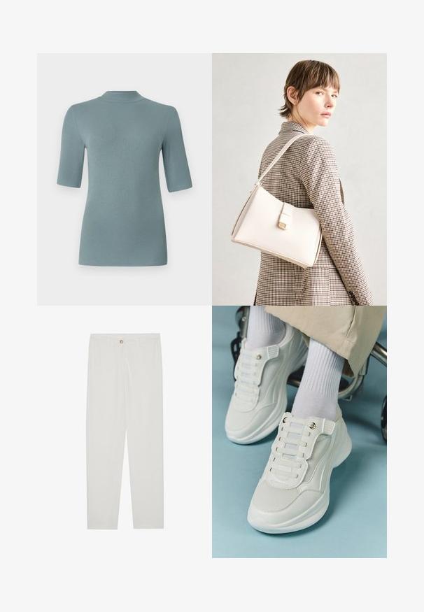 Top de malha canelada em azul-esverdeado suave, com um pescoço alto e mangas curtas, apresentando uma silhueta ajustada e uma textura suave.; Calças brancas, ajustadas, com um design de perna reta, apresentando um fecho de botão, passantes para cinto e bolsos laterais; textura de tecido suave.; Tênis brancos com material em rede, sola de borracha, design sem atacadores com faixas elásticas e detalhes em tom dourado.; Bolsa de mão em couro branco com um design estruturado, apresentando um fecho magnético e uma alça de ombro, exibida sobre um fundo neutro.