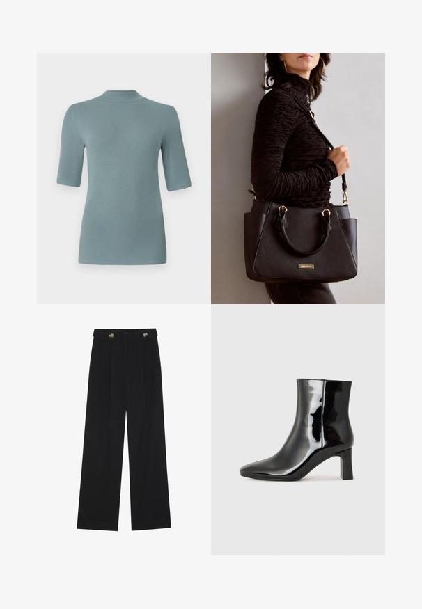 Top de malha canelada em azul-esverdeado suave, com um pescoço alto e mangas curtas, apresentando uma silhueta ajustada e uma textura suave.; Calças largas pretas com cintura alta, detalhes em botão na cintura e pregas frontais.; Botim de tornozelo em pele sintética preta com bico apontado e salto bloco de altura média. Textura suave e design minimalista.; Bolsa preta com superfície texturizada, alças superiores duplas e alça de ombro ajustável. Apresenta ferragens em tom dourado e bolsos laterais.