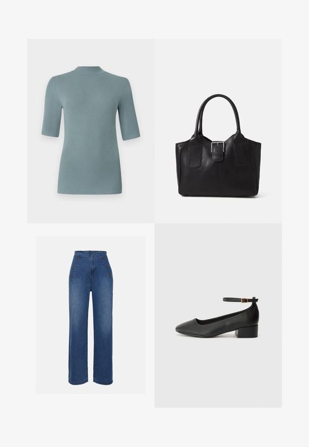 Ribakootud topp pehmes sinakas-rohelises värvitoonis, millel on kõrge kaelus ja lühikesed varrukad, ülikitsas ja sile tekstuur.; Keskmise sinise värviga kõrge vöökohaga teksad. Omavad esipoolsete nööbiefekte ja laia jala disaini. Kanga tekstuur on sile ja kerge kulumisega.; Must mustaapp, millel on terav nina ja madal blokk-kand. Omab pahkluu rihma koos kuldse tooni pandlaga. Sile tekstuur.; Mustgamma nahast kott, millel on sile tekstuur, struktureeritud kuju, kaks käepidet ja esiküljel silmapaistev hõbedane pandla detail.