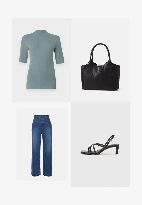 Csíkozott kötött felső puha kékeszöld színben, magas nyakkal és rövid ujjal. Feszes szabása és sima textúrája van.; Közepesen kék, magas derekú farmernadrág. Elöl gombos részletek és széles szárú kialakítás jellemzi. Az anyaga sima tapintású, enyhén megfakult.; Fekete pántos szandál négyzetes orral és alacsony blokk sarkal. Több vékony pánttal és állítható boka pánttal rendelkezik. Sima bőrből készült.; Fekete bőr bevásárlótáska sima textúrával, strukturált formával, két fogantyúval és egy figyelemfelkeltő ezüst csattal az elején.