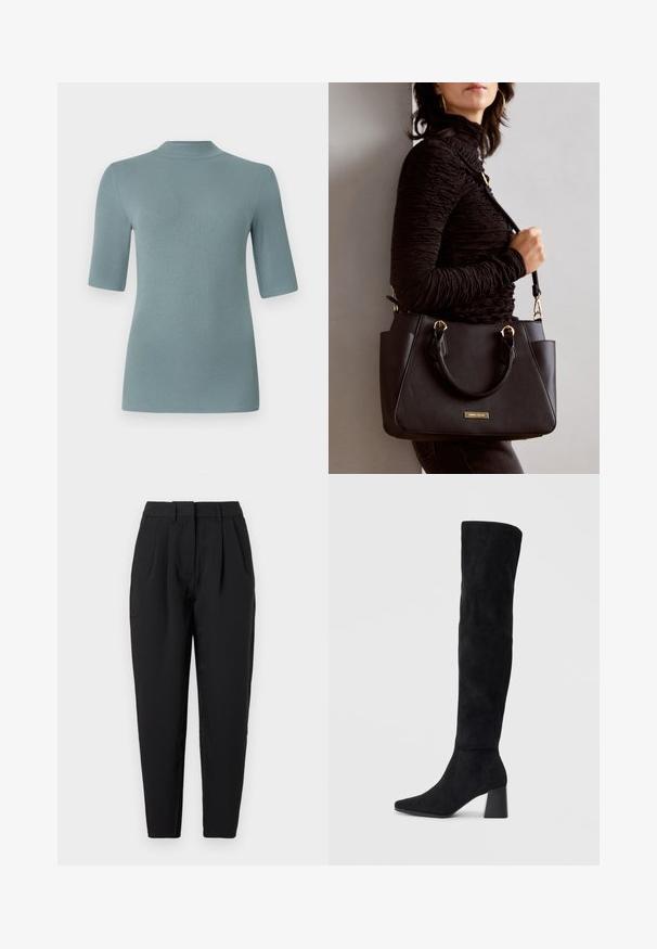 Ribbade stickade toppar i mjuk blågrön, med hög hals och korta ärmar, har en figurnära silhuett och slät textur.; Svarta byxor med rak passform, med veck fram, en slät textur och sidofickor. Midjan har standardhöjd.; Svarta mocka knähöga stövlar med klack, spetsig tå och slät, sömlös design mot en ljus, enfärgad bakgrund.; Svart handväska med texturerad yta, dubbla handtag upptill och justerbar axelrem. Utrustad med detaljer i guld och sidofickor.