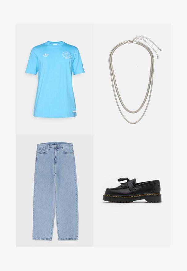 Gaiši zils kokvilnas t-krekls ar īsām piedurknēm, apaļu izgriezumu, izšūtu Adidas logotipu kreisajā krūtī un plāksteri apakšā.; Gai zila džinsu bikses ar taisnu kāju dizainu, kas piedāvā vidēju vidukļa augstumu, piecas kabatas un pogas un rāvējslēdzēja aizdari.; Melnas ādas mokasīni ar pērlītēm uzsvaru, ar masīvu melnu zoli un dzeltenu šuvumu gar malu. Ar teksturētu apdari.; Trīslīmeņu sudraba metāla kaklarota ar gludām, elastīgām ķēdēm, kas spīd, droši piestiprināta ar omā uzgali un regulējamu ķēdi.