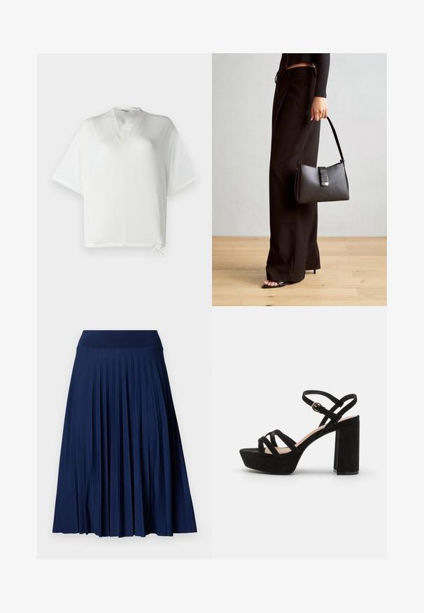 Bílý krátký rukáv top s výstřihem do V a volným střihem. Obsahuje šňůrku na lemu a hladkou, lehkou látku.; Námořnická plisovaná sukně s širokým pasem, vyrobená z hladkého materiálu. Obsahuje vertikální plisování a sahá do poloviny lýtek.; Černé semišové platformové sandály s blokovým podpatkem, vybavené překříženými popruhy a přezkou kolem kotníku pro bezpečné upevnění.; Černá kabelka se strukturovaným tvarem, hladkým povrchem a kovovým uzávěrem. Kombinována s širokými černými kalhotami a sandály s otevřenou špičkou na dřevěné podlaze.