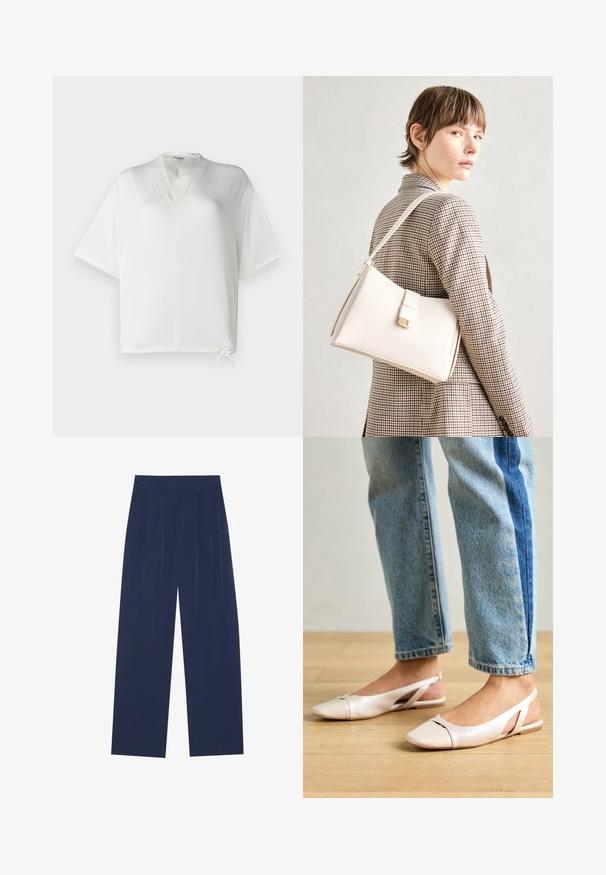 Weißes T-Shirt mit kurzen Ärmeln, V-Ausschnitt und lockerer Passform. Verfügt über einen Kordelzug am Saum und ein glattes, leichtes Material.; Himmelblaue Weitbundhosen aus weichem Stoff, mit vorderen Falten, glatter Oberfläche und einem geraden Schnitt ohne sichtbare Taschen.; Blassrosa Slingback-Ballerinas mit spitzem Punkt, aus einem glatten, lederähnlichen Material. Mit Ausschnitten an den Seiten und einem flachen Absatz.; Weiße Lederhandtasche mit strukturiertem Design, ausgestattet mit einem Magnetverschluss und einem Schulterriemen, präsentiert vor einem neutralen Hintergrund.