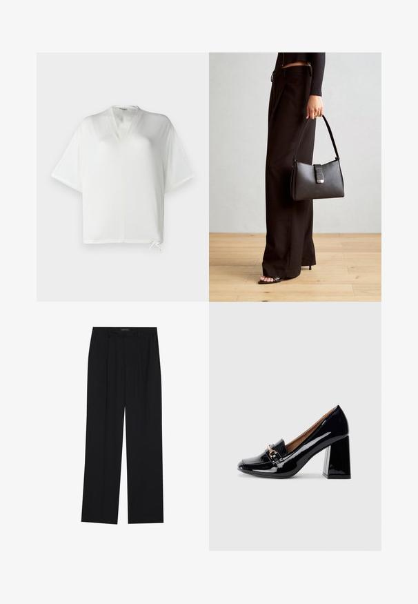 Top blanco de manga corta con escote en V y corte relajado. Presenta un cordón en el dobladillo y una tela suave y ligera.; Pantalones negros con un diseño de pierna recta, que cuentan con dos bolsillos frontales y una cinturilla. Fabricados con una tela suave y ligera.; Zapato de tacón alto de charol negro con puntera puntiaguda y tacón de bloque. Presenta una tira decorativa y detalle de hebilla en la parte superior.; Bolso negro con forma estructurada, textura suave y un cierre metálico. Combinado con pantalones anchos negros y sandalias de dedo en un suelo de madera.