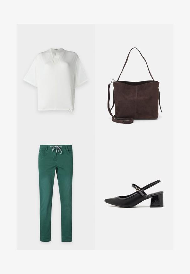 Witte top met korte mouwen, V-hals en een relaxte fit. Voorzien van een trekkoord aan de onderkant en gemaakt van gladde, lichte stof.; Groene katoenen blend broek met een rechte pijp, een trekkoord in de taille en twee voorkeizel pockets. Glad textuur en geen patronen.; Zwarte gepolijste leren slingback hakken met een spitse neus, een ronde uitsnede en een blokhak. Voorzien van een gouden gespaccent.; Bruine suède schoudertas met een zachte textuur, voorzien van een enkele schouderband en een subtiele, gebogen bovenopening. Geen zichtbare hardwaredetails.