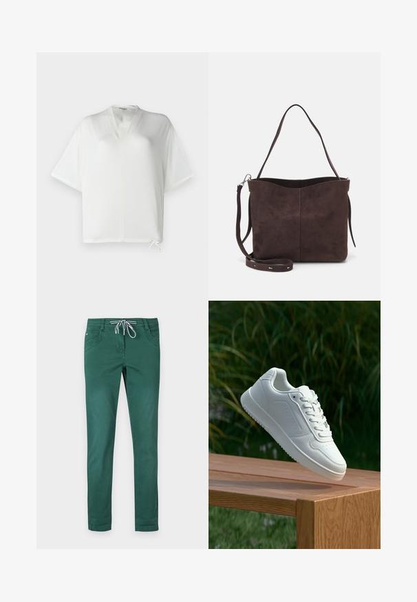 Top bianco a maniche corte con scollatura a V e vestibilità rilassata. Caratterizzato da un cordino all'orlo e un tessuto leggero e morbido.; Pantaloni in misto cotone verde con design a gamba dritta, vita con cordoncino e due tasche frontali. Tessuto liscio e senza fantasie.; Sneaker bianco con tomaia in sintetico liscio, punta perforata, lacci piatti e suola testurizzata, esposto su una superficie di legno.; Borsa a spalla in suede marrone con una texture morbida, caratterizzata da una singola tracolla e un'apertura superiore leggermente curvata. Nessun dettaglio hardware visibile.
