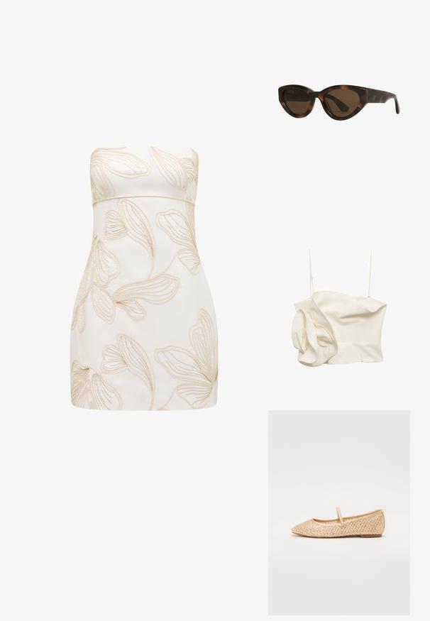 Cremefarvet, tætsiddende top lavet af letvægtsstof, med en voluminøs detalje på den ene side og tynde justerbare stropper. Glat tekstur med minimale sømme.; Strapless kjole i creme med præget blomsterdesign i lys beige. Tætsiddende design, glat tekstur, knælængde klip, og ingen synlige lukninger.; Guldvævede balletflade sko med spids tå, flad sål og en rem over vristen. Har teksturerede mønstre på det øverste materiale.; Skildpadde øjenkat solbriller med brune linser, der har glatte, blanke plastrammer og et slankt design. Ingen synlige logoer eller accenter.; Hvid håndtaske med teksturerede, skællede udsmykninger. Har et vævet håndtag og en sølv kædedyse for alsidighed.