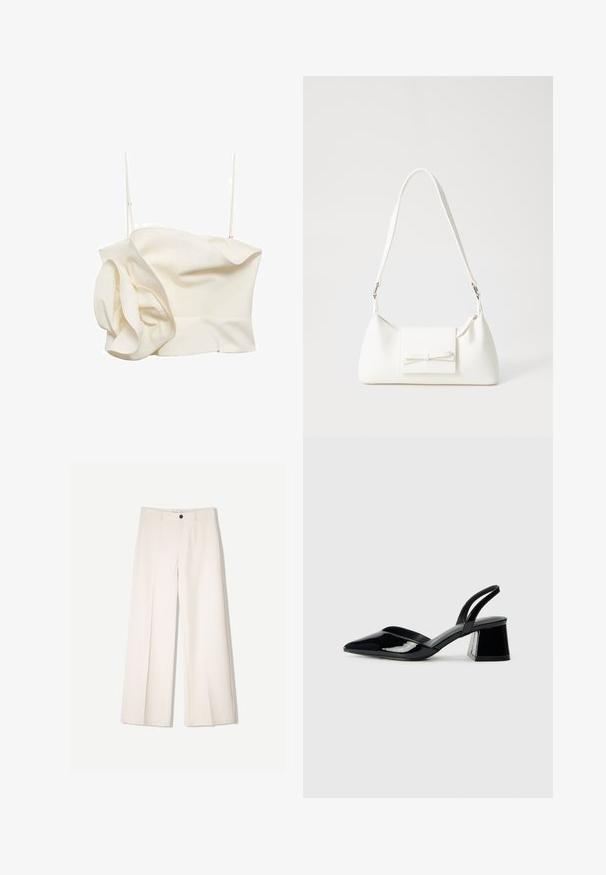 Creme-kleurige, getailleerde top van lichtgewicht stof, met een ruches aan één zijde en dunne verstelbare bandjes. Gladde textuur met minimale naden.; Crème brede broek met een tailored ontwerp, voorzien van twee voorzakken en een enkele sluiting met een knop aan de voorkant, gemaakt van een gladde stof.; Zwarte gepatineerde leren slingback hakken met een spitse neus en een geometrische blokhak. Kenmerkt zich door een slank, minimalistisch ontwerp en een gladde textuur.; Witte synthetische handtas met een driehoekige vorm, platte voorklep en strikdetail, verstelbare schouderriem, gladde textuur en minimalistisch ontwerp.