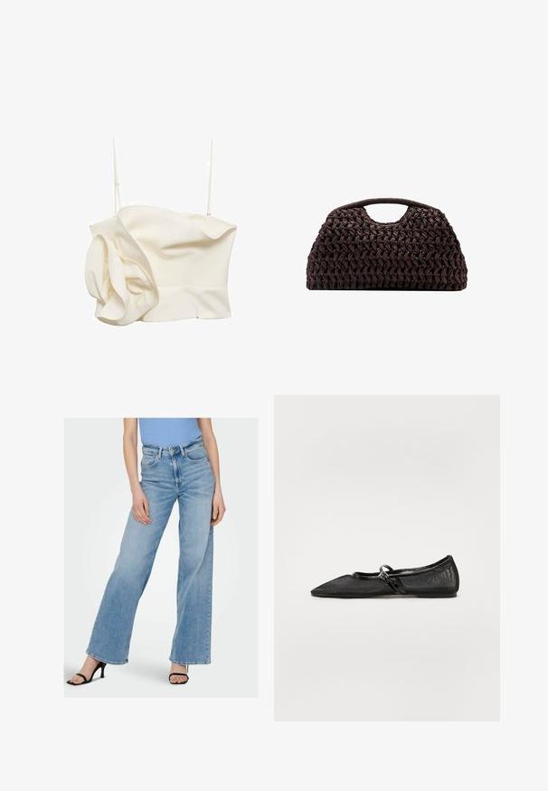 Kremowy, dopasowany top z lekkiego materiału, z jednym falbaniastym detalem po bokach i cienkimi regulowanymi ramiączkami. Gładka faktura z minimalnymi szwami.; Jasnoniebieskie dżinsowe spodnie w szerokim kroju z wysokim stanem, z widocznym przyszyciem i klasycznym pięciokomorowym wzorem. W zestawieniu z czarnymi sandałami na wysokim obcasie.; Czarne płaskie buty z ostrym noskiem, siateczkową górą i akcentami z lakierowanej skóry. Posiada cienki pasek z okrąłym detalem sprzętowym.; Tkany brązowy torebka o zaokrąglonym kształcie, z górnym uchwytem i teksturowaną powierzchnią. Kompaktowy design z płaskim dnem zapewniającym stabilność.