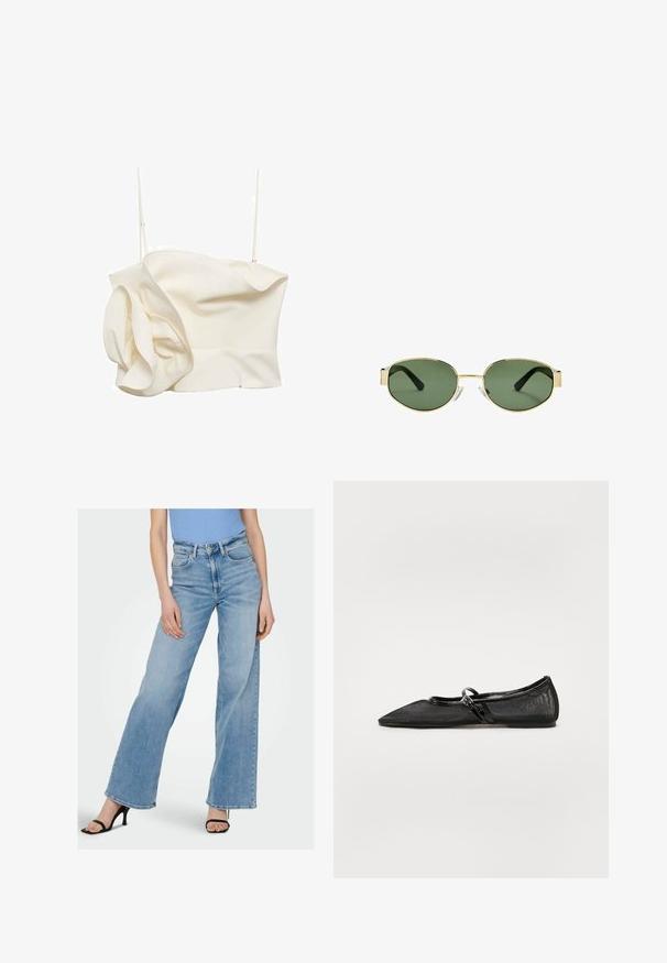 Cremfarbener, taillierter Oberteil aus leichtem Stoff, mit einem rüschenbesetzten Seitendetail und dünnen verstellbaren Trägern. Angenehme Textur mit minimalen Nähten.; Hellblaue Jeans im weiten Schnitt mit hoher Taille, sichtbar genäht und mit klassischem Fünf-Taschen-Design. Kombiniert mit schwarzen Riemchen-Absätzen.; Schwarzer flacher Schuh mit spitzer Zehe, Mesh-Obermaterial und Akzenten aus Lackleder. Verfügt über einen dünnen Riemen mit einem runden Beschlag.; Sonnenbrille mit goldfarbenem Metallrahmen, grünen getönten Gläsern, ovaler Form, schwarzen Bügeln und klaren Nasenpads. Sauberes, minimalistisches Design.; Geflochtener brauner Handtasche mit runder Silhouette, ausgestattet mit einem oberen Griff und strukturierten Oberfläche. Kompaktes Design mit flachem Boden für Stabilität.