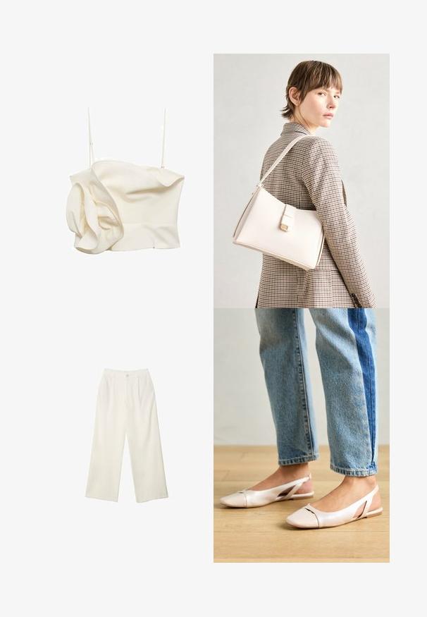 Top aderente color crema realizzato in tessuto leggero, con un dettaglio arricciato su un lato e spalline sottili regolabili. Texture liscia con cuciture minime.; Pantaloni a gamba larga in tessuto crema con una texture liscia, caratterizzati da un singolo bottone frontale, pieghe sottili e un design a vita alta.; Ballerine slingback rosa pallido con punta affusolata, realizzate in un materiale simile alla pelle liscio. Presentano dettagli a taglio sui lati e un tacco piatto.; Borsa a mano in pelle bianca con un design strutturato, presente di un clasp magnetico e una tracolla, esposta su uno sfondo neutro.