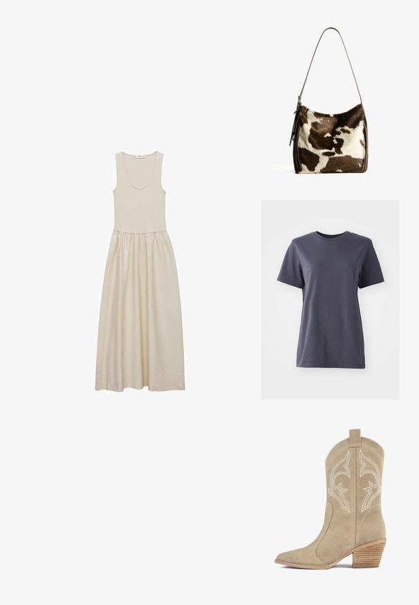 Tričká s krátkym rukávom v tmavošedej farbe, vyrobené z bavlny, s okrúhlym výstrihom, hladkou textúrou, rovnom okrajom, bez viditeľných vzorov alebo kovových detailov.; Béžové šaty bez rukávov s okrúhlym výstrihom, priliehavou trupovou časťou a voľnou, splývavou sukňou. Hladká látka s jemnou textúrou a subtílnym leskom.; Béžová semišová cowboy obuv s špicatou špičkou, zdobným bielym prešívaním a vrstveným dreveným podpätkom. Obsahuje pútko vzadu.; Hnedo-krémová kravská koža cez plece s hladkým koženým remienkom, zipsovým uzáverom a mäkkým, textúrovaným povrchom s prírodným vzorom.