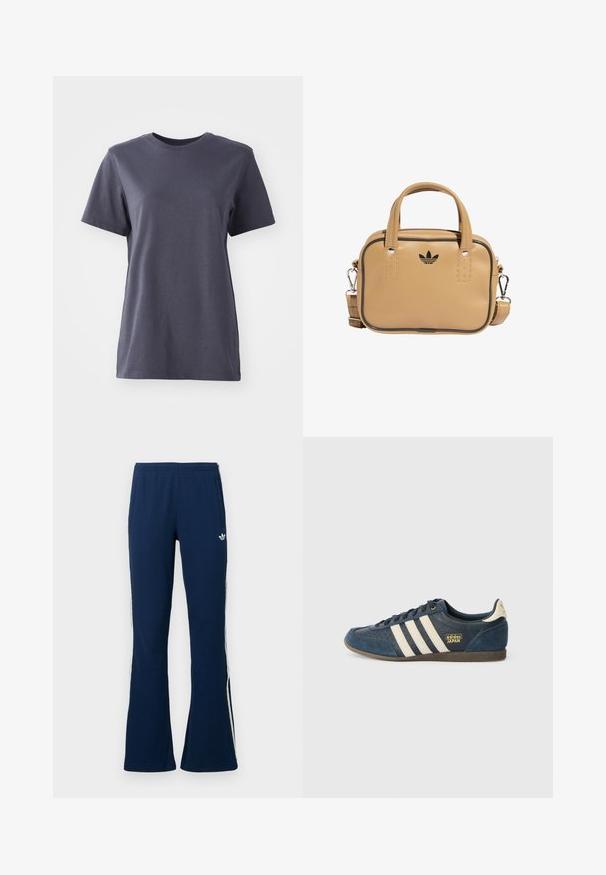 Koszulka z krótkim rękawem w ciemnoszarym kolorze z bawełny, z okrągłym dekoltem, gładka tekstura, proste wykończenie, bez widocznych wzorów ani detali ze sprzętu.; Granatowe, prążkowane, rozszerzane spodnie dresowe z białymi paskami po bokach i haftowanym logo po lewej stronie, wyposażone w dwie boczne kieszenie.; Granatowe zamszowe trampki z kremowymi paskami, teksturowanym przodem i złotym logo "adidas JAPAN" oraz brązową gumową podeszwą. Klasyczny niski fason.; Brązowa torebka z wegańskiej skóry z dwoma uchwytami, odczepianym paskiem na ramię, czarnym akcentem w postaci przeszyć oraz małym czarnym logo z przodu.