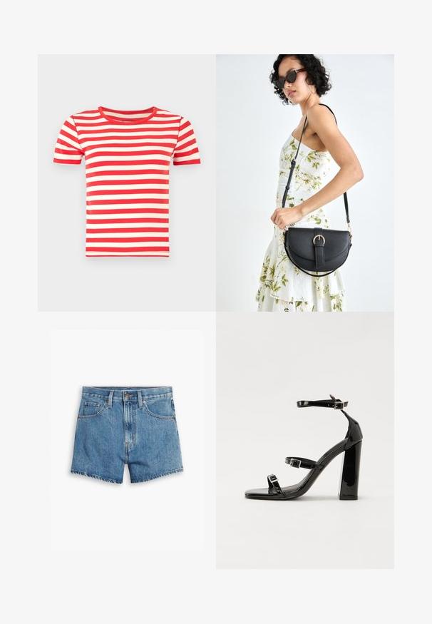 Červené a krémové pruhované tričko s krátkym rukávom a okrúhlym výstrihom, vyrobené z mäkkej bavlny; má rovnomerne horizontálne pruhy.; Džínové šortky v svetlo modrej farbe, s piatimi vreckami, zipsom a zapínaním na gombík. Spodný lem je rozstrapkaný s voľným strihom.; Čierne lakované sandále na podpätku so štvorcovou špičkou, navlečenými remienkami okolo členku a striebornými prackami. Disponujú masívnym blokovým podpätkom pre stabilitu.; Čierna kožená kabelka s zaobleným tvarom, odnímateľným popruhom a zlatými doplnkami. Kabelka má klopu s detailom s prackou.
