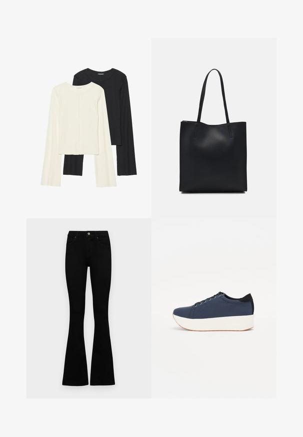 Divu garo piedurkņu tops komplekts baltā un melnā krāsā. Ribota tekstūra, apaļš kakls, pieguļoša dizaina ar nedaudz izplestām piedurknēm.; Melni augsta jostas šorti ar pogu un rāvējslēdzēju, priekšējām kabatām un izplestām kājām, nolikti uz balta fona.; Navy zilo apavi ar strukturētu auduma augšdaļu, baltu platformas zoli, noapaļotu pirkstu daļu un melnu papēža akcentu. Iekļautas sešas acs caurumi šnuķēšanai.; Melnas ādas somiņa ar gludu tekstūru, taisnstūra formu un divām garām rokturiem. Nav redzamu aparatūras vai rotājumu.