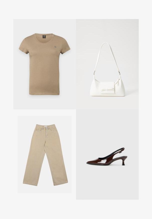 Béžové tričko s krátkymi rukávmi a okrúhlym výstrihom, vyrobené z jemnej bavlny, s nenápadným logom na hrudi a rovnými okrajmi.; Bežové nohavice širokého strihu vyrobené z denimu, s vysokým pásom, prednými vreckami a kontrastným šitím. Dizajn obsahuje zapínanie na gombík.; Hnedá lakovaná slingback obuv s špicatou špičkou a mierne vysokým opätkom. Obsahuje pracku pre bezpečné upevnenie. Hladká textúra.; Biela syntetická kabelka s trojuholníkovým tvarom, plochým predným klapkou a detailom mašle, nastaviteľným popruhom, hladkou textúrou a minimalistickým dizajnom.