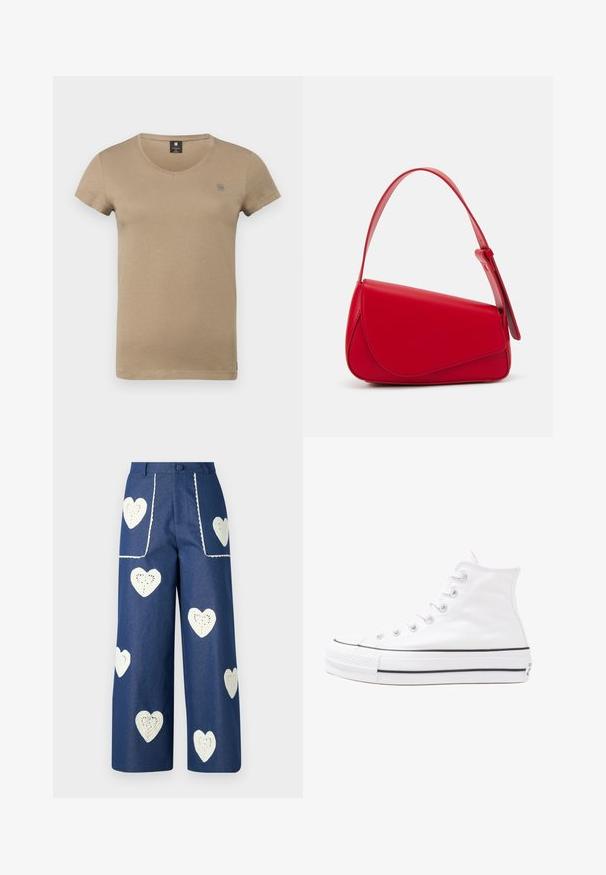 Bež majica s kratkimi rokavi in okroglo ovratnikom, izdelana iz mehkega bombaža, z diskretnim logotipom na prsih in ravnim robom.; Sister Jane HEART TO HEART - Ravne kavbojke - blue denim; Beli visoki platneni športni čevelj z črnim gumijastim podplatom, sprednjim gumijastim zaščitnikom za prste in šestimi luknjicami za vezalke, ki se ponaša s preprostim, minimalističnim dizajnom.; Rdeča usnjena torba z angularnim, geometrijskim dizajnom. Ima en samostoječ nastavljiv ročaj in pokrov, zaprt z zapiranjem, ki je okrašen s šivi.