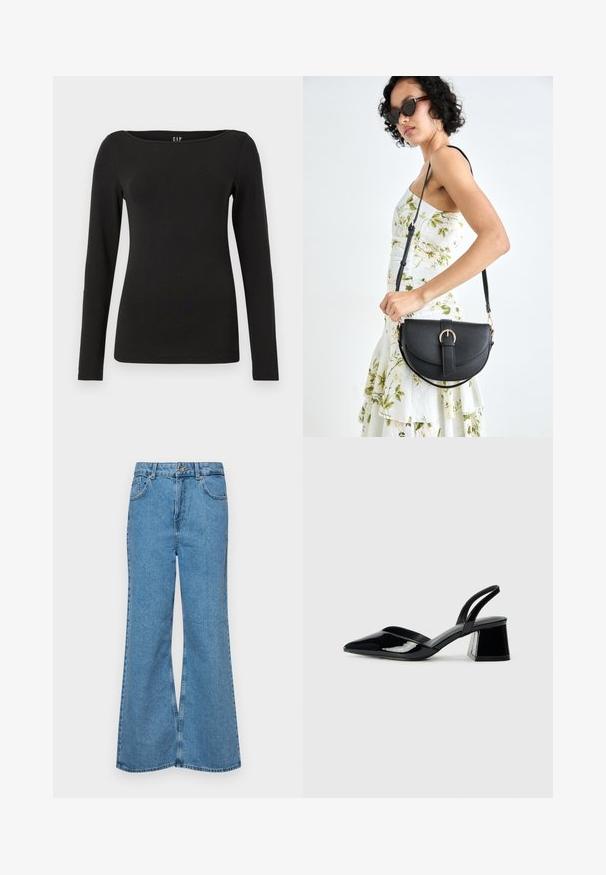 Melna garām piedurknēm blūze, izgatavota no mīkstas kokvilnas. Ar noapaļotu dekoltē un pieguļošu piegriezumu, ar tīrām šuvēm un bez redzamām rotājumam.; Gaiši zili, platā piegriezuma džinsi, kas izgatavoti no denima, ar augstu jostasvietu, piecām kabatām un vienu pogu. Mīksta tekstūra ar nolietotu apdari.; Melna lakota āda ar atvērto papēdi, ar smailu purngalu un ģeometrisku blokpapēdi. Iezīmējas elegants, minimāls dizains un gluda tekstūra.; Melnas ādas rokassoma ar izliekta formu, noņemamu siksnu un zelta aksesuāriem. Somai ir vāciņš ar sprādzes detaļu.