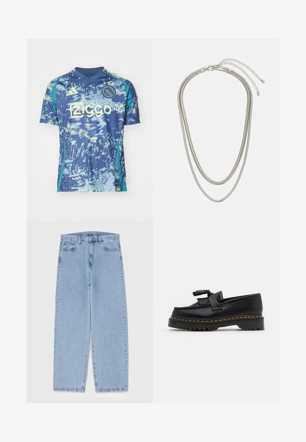 Maillot de football bleu avec des motifs abstraits bleu clair et jaune, à manches courtes, en design col en V, arborant le logo Adidas et le badge du club.; Jean en denim bleu clair avec une coupe droite, présentant une taille mi-haute, cinq poches, et une fermeture à bouton et à fermeture éclair.; Mocassin en cuir noir avec un accent à frange, doté d'une semelle épaisse noire et d'une couture jaune le long du bord. Fini texturé.; Collier en métal argenté à trois couches présentant des chaînes flexibles et élégantes avec un léger éclat, sécurisé par un fermoir en forme de homard et une chaîne ajustable.