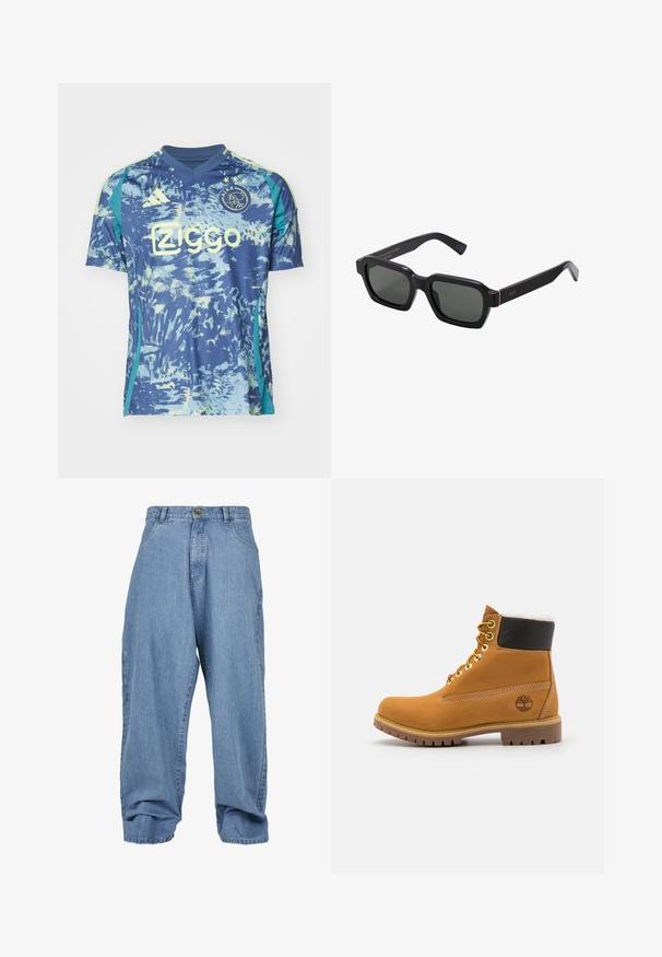 Modra nogometna majica z abstraktnimi svetlo modrimi in rumenimi vzorci, kratkimi rokavi, zasnovo v obliki črke V, vsebuje logotip Adidas in grb kluba.; Svijetloplave traper hlače sa širokim krojem, zatvaranjem na dugme, prednjim džepovima i manžetom, s klasičnim pet-džepnim dizajnom.; Rjave usnjene gležnjarje z metalnimi luknjami, belim krznom na notranji strani, črnima oblazinjeno ovratnikom, trdo podplatom in vtisnjenim logotipom na strani.; Črna, kvadratna sončna očala z sivimi lečami. Debeli plastični okviri vsebujejo zlate detajle in blagovno znamko na templju. Gladka tekstura.