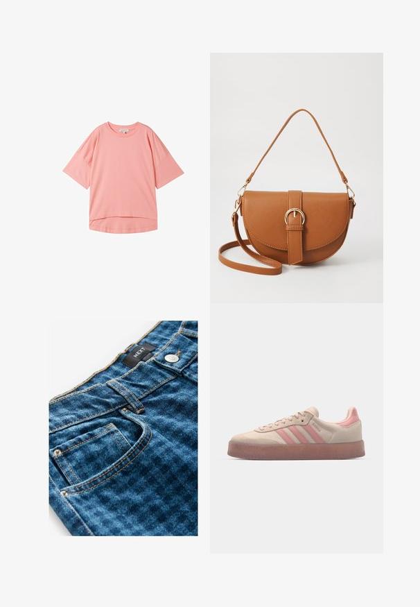 TOM TAILOR DENIM Tricou basic - shell pink; Jeans din denim albastru cu cusături vizibile și închidere cu buton. Au un buzunar frontal, țesătură texturată și etichetă pe talie.; Adidași din suede bej cu accente roz deschis, talpă din cauciuc texturat și trei dungi roz pe lateral. Vârf rotunjit și design cu șireturi.; Geantă din piele maro, tip crossbody, cu o formă curbată, accesorii aurii și un accent cu cataramă. Dispune de un curea de umăr detașabilă.