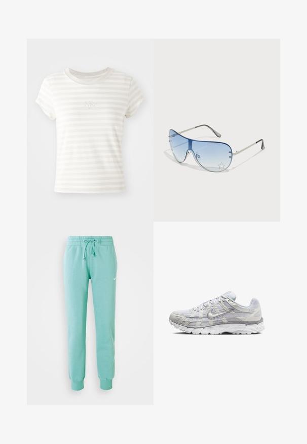 T-shirt de manga curta riscada e branca, feita de algodão macio. Apresenta um decote redondo e um pequeno logo bordado da Nike no peito.; Calças de moletão verde menta com uma cintura elástica, cordão e punhos canelados. Apresenta um pequeno logotipo branco da Nike na coxa esquerda.; Sapatos atléticos cinza claro com parte superior em malha e sintético, apresentando um fecho de cordões, colarinho acolchoado e sola texturizada para aderência.; Óculos de sol aviador com lentes azuis em degradê, armação metálica prateada e detalhes decorativos de estrelas nas lentes. Design suave e elegante.