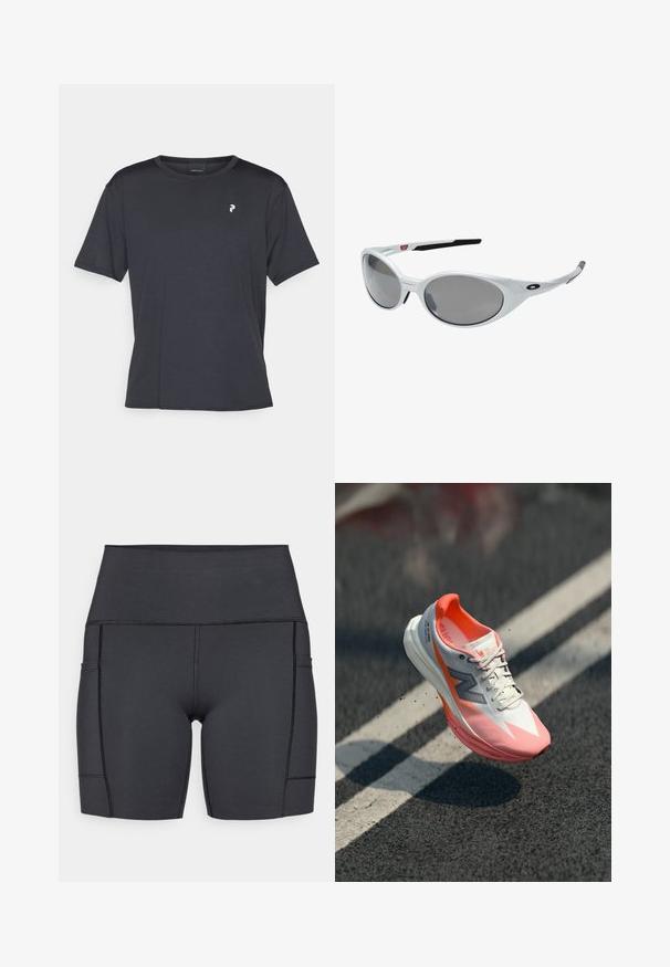 Musta lyhythihainen t-paita, joka on valmistettu sileästä kankaasta. Siinä on pyöreä pääntie ja pieni valkoinen logo vasemmassa rintakehässä.; Mustat korkea vyötäröiset shortsit venyvästä kankaasta, joissa on sivutaskut, tasaiset saumat ja sileä pinta mukavuutta varten aktiviteettien aikana.; Juoksukengät valkoisella ja vaaleanpunaisella päällisellä, jossa on verkkomateriaali, heijastavat yksityiskohdat ja pehmustettu pohja. Kevyt muotoilu suorituskykyä varten.; Valkoiset muoviset aurinkolasit suurilla soikeilla linsseillä, harmaasävyiset. Varusteena mustat korvavarret ja pieni logo kehyksessä. Sileä pinta.