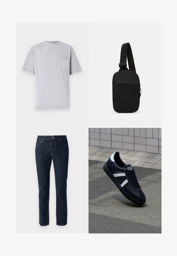 Graues Baumwoll-T-Shirt mit Rundhalsausschnitt, kurzen Ärmeln und einer linken Brusttasche mit gestickten Textdetails.; Dunkelblaue Denim-Jeans mit geradem Bein, ausgestattet mit einem Knopfverschluss, fünf Taschen und kontrastierenden Nähten. Glatte Textur.; Schwarze Leder-Sneaker mit weißen Streifen, strukturiertem Gummisohle und Schnürung. Verfügt über ein Markenetikett auf der Zunge.; Schwarze Umhängetasche aus robustem Gewebe, mit einem verstellbaren Tragegurt, einem Reißverschluss-Hauptfach und einer Fronttasche.