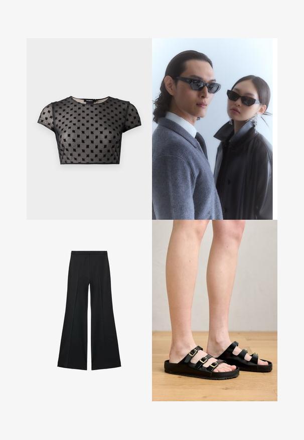 Černé, zkrácené tričko vyrobené z průhledné tkaniny s texturovaným vzorem malých čtverečků. Krátké rukávy a zaoblený výstřih.; Černé kalhoty s širokými nohavicemi a hladkou texturou, s předními sklady a přizpůsobeným střihem. Materiál je lehký a splývavý.; Černé sandály vyrobené z hladkého materiálu, s třemi nastavitelnými řemínky se zlatými sponami a plochou podrážkou s texturovaným gripem.; Sluneční brýle s úhlovými černými rámy na modelce v šedém svetr, který ukazuje texturovaný pletený vzor, a černou koženou bundu, kterou nosí jiný model.