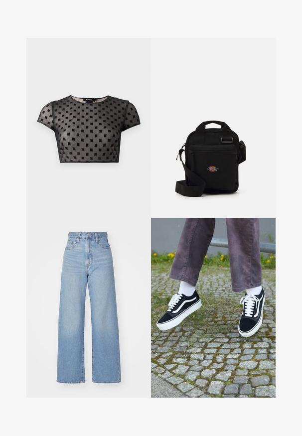 Fekete, rövidített felső átlátszó anyagból, kisméretű négyzetek texturált mintájával. Rövid ujjak és kerek nyakkivágás.; Világoskék, magas derekú, bő szárú farmernadrág, elülső gombbal és cipzárral, elülső és hátsó zsebekkel, fehér háttérrel.; Fekete velúr sportcipő, fehér díszítéssel, lekerekített orral, vastag fehér talppal és klasszikus, fűzős kialakítással, fehér zoknival és lila nadrággal viselve.; Fekete keresztpántos táska cipzáras zsebbel, téglalap alakú, szövetből készült, az elején logóval ellátva, állítható vállpánttal.