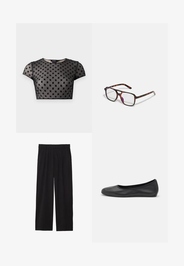 Top nero, corto, realizzato in tessuto trasparente con un motivo testurizzato di piccoli quadrati. Maniche corte e scollatura rotonda.; Pantaloni neri a gamba larga con frontale plissettato, tasche laterali e una texture di tessuto liscia. Progettati per un fit comodo.; Pantofole da balletto nere in pelle con punta arrotondata, texture liscia, dettagli di cucitura minimi e design con suola flessibile.; Occhiali tartarugati con lenti rettangolari, montatura nera e arancione, caratterizzati da una finitura lucida e aste sottili.