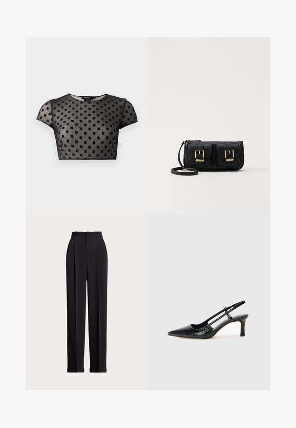 Top negru, scurt, dintr-un material transparent, cu un model texturat de pătrățele mici. Mâneci scurte și un decolteu rotund.; Pantaloni negri, croiți pe măsură, cu talie înaltă, cu plii în față, design cu picior drept și tiv manșetat. Confecționați dintr-un material neted.; Pantofi cu toc slingback negri din patent, cu vârf ascuțit, cu imprimeu de șarpe texturat, curea ajustabilă și toc scurt texturat.; Geantă neagră din piele, tip crossbody, cu două buzunare frontale, catarame aurii, închidere cu fermoar și o curea subțire. Suprafață texturată și formă rectangulară compactă.