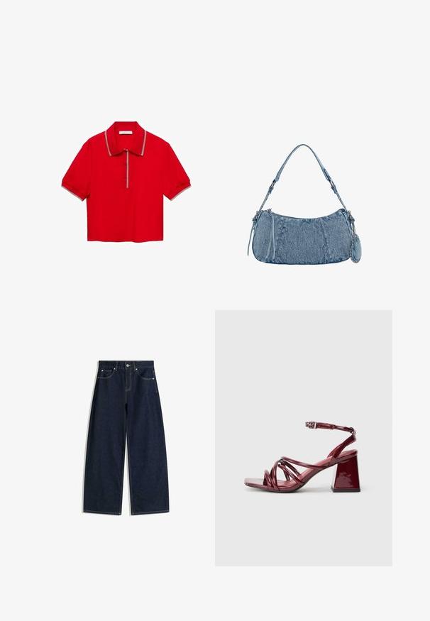 Rode polo t-shirt van gladde stof, met een kraag, korte mouwen, een vrouwelijke knoopsluiting met drie knopen en contrasterende gestreepte afwerking.; Donkerblauwe denim jeans met wijde pijpen, voorzakken, knoopsluiting en zichtbare stiksels op een witte achtergrond.; Patent bordeaux gekleurde sandalen met hak en vierkante neus, met meerdere in elkaar verweven banden en een chunky blokhak. Verstelbare enkelband.; Denim handtas met een gebogen vorm, lichtblauwe kleur, verstelbare schouderriem en een kleine afneembare pouch met metallic accenten.