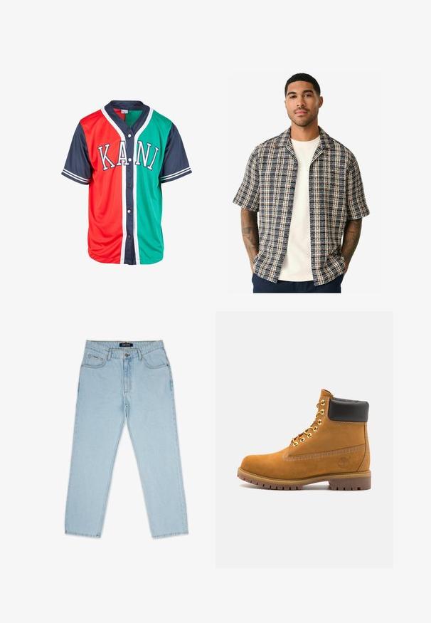 Tričko s krátkym rukávom v červených a zelených sekciách, s námorníckymi rukávmi a obšívaním. Obsahuje gombíkové zapínanie a na prednej strane nápis "KANI" v bielej farbe.; Košeľa s krátkym rukávom s námorníckym, krémovým a hrdzavým károvaným vzorom, vyrobená z tkaninovej látky s voľným strihom a otvoreným golierom.; Svetlo modré džínsy s rovnými nohavicami, vybavené zapínaním na gombík a zips, pútkami na opasok a dvoma prednými vreckami.; Tyrkysové semišové členkové topánky s čiernym polstrovaným golierom, zlatými kovovými očkami, bielym prešívaním a robustnou gumovou podrážkou s výraznými drážkami.