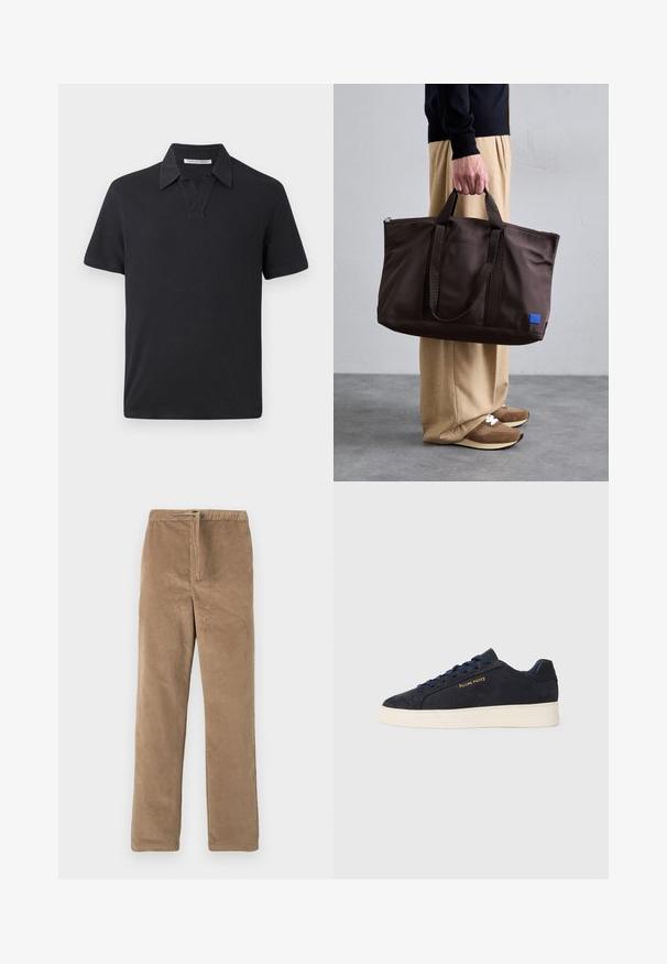 Μαύρο πόλο μπλουζάκι φτιαγμένο από βαμβάκι, με κοντό γιακά, κοντά μανίκια και άνετη εφαρμογή. Απλός σχεδιασμός, χωρίς ορατά μοτίβα ή διακοσμητικά.; Καφέ παντελόνι κοντού πανιού με ελαστική μέση και κορδόνι ρύθμισης μπροστινά, κανονική γραμμή, τοποθετημένο σε λευκό φόντο.; Ναυτικό μπλε σουέτ χαμηλά πάνινα παπούτσια με λευκή σόλα, ναυτικά κορδόνια και λογότυπο "Filling Pieces" σε χρυσό στο πλάι.; Καφέ νάιλον τσάντα ώμου με διπλές λαβές, φερμουάρ κλεισίματος και μπλε λογότυπο. Λείος υφασμάτινος τόνος, δομημένος σχεδιασμός, ευρύχωρος εσωτερικός χώρος.