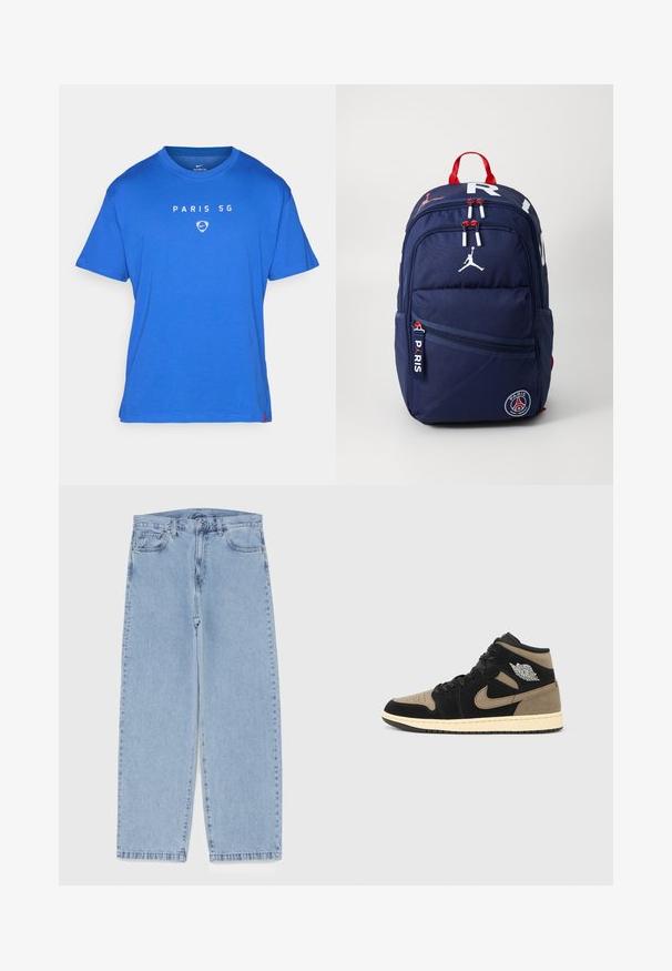 Plava majica kratkih rukava s okruglim izrezom, na kojoj se u sredini prednje strane nalazi natpis "PARIS SG" i Nike logo u bijeloj boji.; Svijetloplave traperice s ravnim nogavicama, sa srednjim strukom, pet džepova i zatvaranjem na dugme i patentni zatvarač.; Tenisice visoke gornje strane od crnog i smeđeg antilopa, s perforiranim vrhom, bež srednjim đonom, crnim vezicama i srebrnim logotipom sa strane.; Mornarica ruksak s crvenim detaljima, višestrukim zatvorenim pregradama, oznakama s logotipom i podesivim trakama. Izrađen od izdržljive tkanine.; Siva najlon torba preko tijela s patentnim zatvaračem na prednjem džepu, podesivim crnim remenom i crnim logotipom na prednjoj strani. Kompaktna i lagana dizajn.