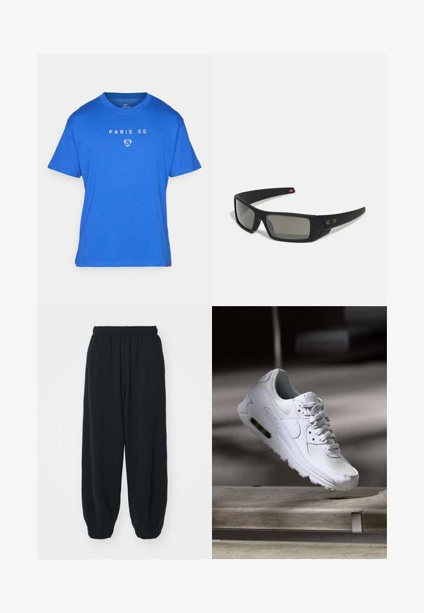 Plava majica kratkih rukava s okruglim izrezom, na kojoj se u sredini prednje strane nalazi natpis "PARIS SG" i Nike logo u bijeloj boji.; Crne, dukserice s elastičnim strukom, širokog kroja, s manžetama na gležnjevima, glatke teksture i bez vidljivih uzoraka ili metalnih detalja.; Bijela Nike Air Max 90 tenisica s gornjim dijelom od mrežice i kože, perforiranim prstima i vidljivom zračnom jedinicom u peti.; Crne sunčane naočale s mat površinom, pravokutnim staklima, blagim zakrivljenjima na sljepoočnicama, suptilnim logotipom i dimnim staklima.