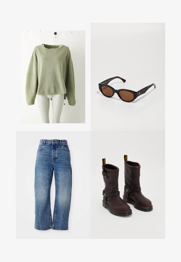 Hellgrünes, geripptes Langarm-T-Shirt mit Rundhalsausschnitt und überschnittenen Schultern, präsentiert an einem weißen Mannequinhals gegen einen schlichten Hintergrund.; Free People DEEP TRANCE DROPPED - Jeans Relaxed Fit - blue denim; Braune Lederstiefel mit einem Design bis zur Mitte des Wadens, ausgestattet mit einem Riemen und einer Schnalle, einer dicken schwarzen Sohle und gelben Nähakzenten.; Schwarze Schildpatt-Sonnenbrille mit braunen Gläsern, eckigem Design und breiten Bügeln, die ein dezentes Logo-Detail aufweisen. Glatte Kunststoffoberfläche.; Braune Wildleder-Umhängetasche mit einer weichen, lässigen Form und einem langen, einzigen Tragegurt. Sie hat eine dezente, glatte Textur und keine sichtbaren Beschläge.