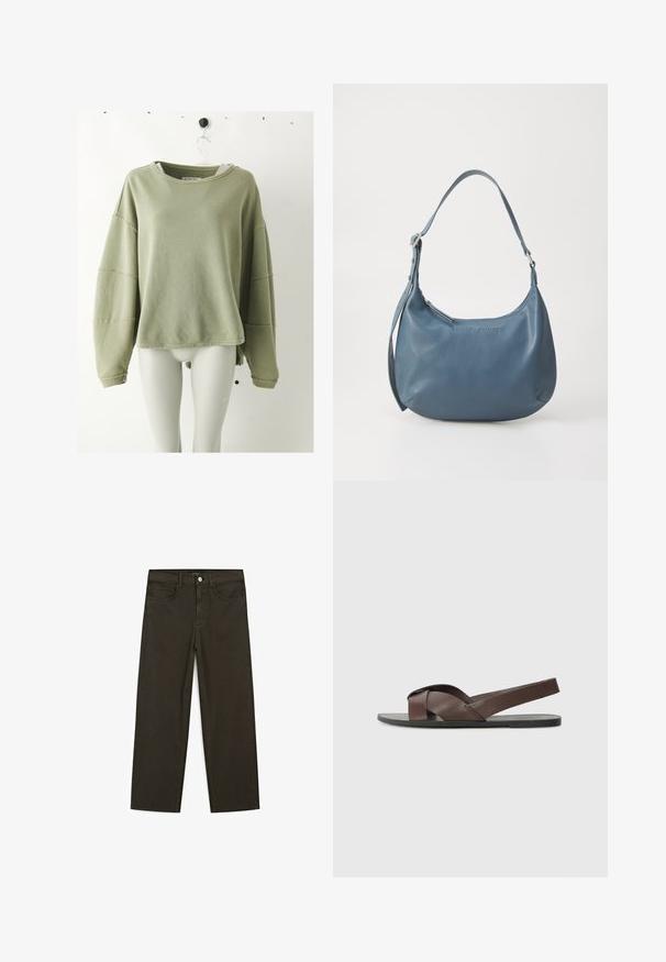 Hellgrünes, geripptes Langarm-T-Shirt mit Rundhalsausschnitt und überschnittenen Schultern, präsentiert an einem weißen Mannequinhals gegen einen schlichten Hintergrund.; Dunkelgrüne Jeans im weit geschnittenen Style, hergestellt aus einem Baumwollgemisch. Sie verfügen über einen Frontknopfverschluss, fünf Taschen und klassische Denim-Nähte.; Braune Ledersandale mit einem Kreuzriemen-Design, flacher schwarzer Sohle und verstellbarem Rückriemen. Glatte Textur und minimale Hardware-Details.; Blaue Lederhandtasche mit runder Form, einem Schulterriemen, Reißverschluss und eingeprägtem Markennamen auf der Vorderseite. Glatte Textur.