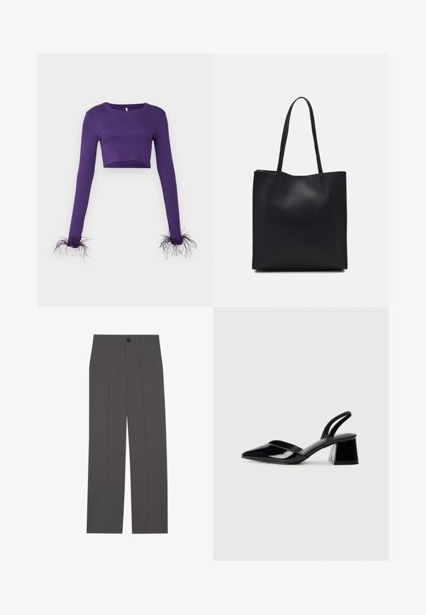 Violet trumpas ilgomis rankovėmis viršus, pagamintas iš rilės audinio, su permatomais, suplėšytais akcentais ant rankovių, kad pridėtų tekstūros.; Pilkos kelnės su tiesaus kirpimo dizainu, turinčios dvi šonines kišenes ir mygtuko užsegimą. Lygus audinys be matomų raštų ar akcentų.; Juodos lakuotos odinės šlepetės su smailiu pirštu ir geometriniu bloko kulnu. Turi elegantišką, minimalistinį dizainą ir lygų paviršių.; Juodas odinis tote krepšys su lygia tekstūra, stačiakampio formos ir dviem ilgais rankenomis. Matomų metalinių detalių ar puošybos nėra.