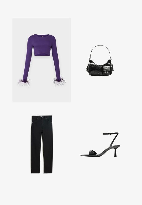 Lila, rövidített, hosszú ujjú felső, bordázott anyagból készült, áttetsző, szakadt részletekkel a mandzsettákon, amelyek extra textúrát adnak.; Fekete farmernadrág egyenes szárú fazonnal, öt zsebbel, fémből készült gombzárral és diszkrét varrási részletekkel. Sima textura.; Bershka Magas sarkú szandálok - black; Fekete lakkbőr kézitáska ívelt formával, egy vállpánttal, elülső zsebekkel és ezüstszínű fémrészletekkel.