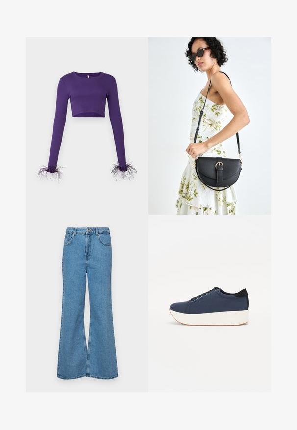 Violeta īsā piedurkņu blūze ar garām piedurknēm, izgatavota no ribu auduma, ar caurspīdīgām, rievotām akcents pie aprocēm, piešķirot papildu tekstūru.; Gaiši zili, platā piegriezuma džinsi, kas izgatavoti no denima, ar augstu jostasvietu, piecām kabatām un vienu pogu. Mīksta tekstūra ar nolietotu apdari.; Navy zilo apavi ar strukturētu auduma augšdaļu, baltu platformas zoli, noapaļotu pirkstu daļu un melnu papēža akcentu. Iekļautas sešas acs caurumi šnuķēšanai.; Melnas ādas rokassoma ar izliekta formu, noņemamu siksnu un zelta aksesuāriem. Somai ir vāciņš ar sprādzes detaļu.